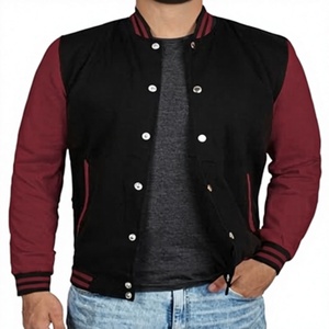 Chaqueta Varsity para Hombre, Negra y Granate con Mangas en Contraste, Estilo Béisbol Casual, Cuello Alto, Cierre de Botones, Ropa Exterior para Otoño - Product Image 1