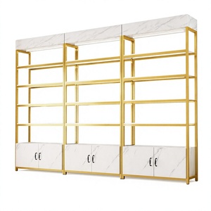 Custom <strong>Gold</strong> Metal Supermarket Display <strong>Shelving</strong> <strong>Unit</strong> with White Marble Finish and LED Lighting - 1 Piece MOQ - Product Image 1