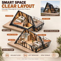 Maison préfabriquée en A-frame, cabane modulaire de glamping avec mur-rideau en verre pleine hauteur, structure en acier et balcon surélevé pour projet hôtelier
