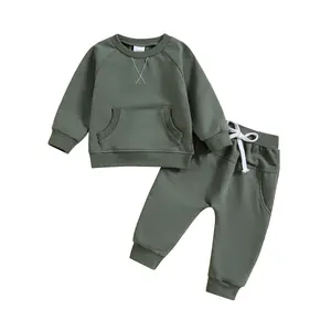 Kinderkleding Set Voor Jongens Katoen Custom Logo Kids Hoodie Effen Donkergroene Kinderen Hoodie En Joggers Set