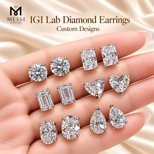 Messi Jewelry Custom IGI CVD HPHT 0.5ct 1ct 1.5ct D VS1 Classic Design Created 9K 14K 18K Gold Lab Grown Diamond Stud Earrings