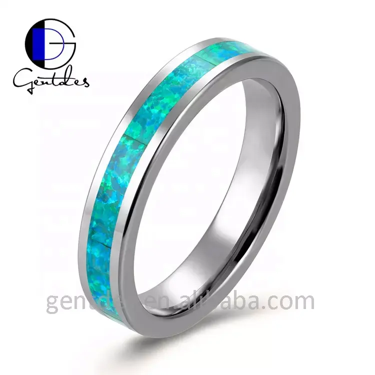 Gentdes takı yeşil Opal kakma gümüş Tungsten kadın yüzükler düğün için Galaxy Opal alyans 4mm alyans Tungsten