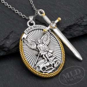 Collana Vintage Spagnola <span class=keywords><strong>SAN</strong></span> MIGUEL in Lega C177 con Spada e Croce, Scudo Sacro di Protezione, Ali d'Angelo, Stile Catena per Maglione - Product Image 3