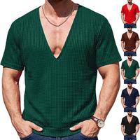 T-shirt Homme Personnalisé à Manches Courtes Col V Profond en Maille Gaufrée Couleur Unie, Coupe Ample Décontractée, Respirant, Anti-Plis et Anti-Humidité