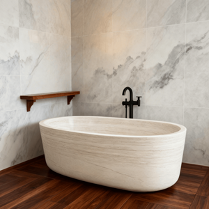 Baignoire ovale en marbre noir autoportante moderne avec fonction de trempage et drain pour salle de bain, utilisation en villa - Product Image 3