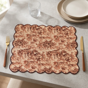 Mantel individual de algodón y lino premium con estampado Toile marrón vintage y borde festoneado |   Elegante Mantel Decorativo para Mesa de Comedor - Product Image 1