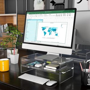 Hai lớp trong suốt <span class=keywords><strong>Acrylic</strong></span> PMMA Màn hình máy tính Riser văn phòng hiện đại hiển thị giá tiết kiệm không gian máy tính xách tay đứng cho văn phòng sử dụng - Product Image 6