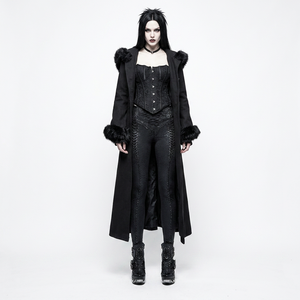 แฟชั่นHoodedสีดําฤดูหนาวLonged-Trenchผู้หญิงBreathable-ที่ถอดออกได้ขนสัตว์-คอGothic-Victoriansรัดตัว-Coat - Product Image 1