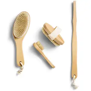 Hot Sell Wooden Skin Scrub Exfoliating Scrubber Bath Brush Long Handle Back Shower Body Brush with with Soft and Stiff Bristles