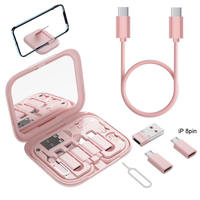 Juego de Cables de Datos para Viaje Todo en Uno de Alta Calidad con Estuche de Almacenamiento, Espejo de Maquillaje y Soporte para Teléfono