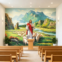 Peinture murale Jésus-Christ le Bon Pasteur, Papier peint d'art chrétien classique, Tête de lit de suite d'hôtel, Salle d'activités d'église, Décoration de hall d'entrée