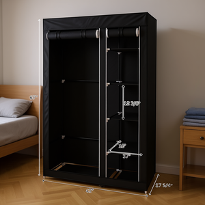 Armario portátil de tela no tejida de 67" x 42" x 17 3/4" negro para almacenamiento de ropa con barra para colgar y estantes - Product Image 2