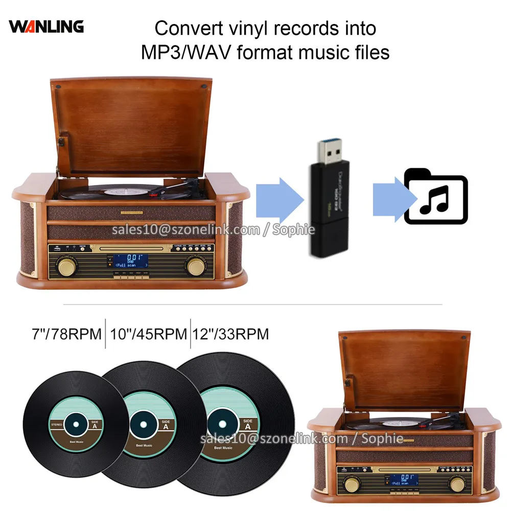 Nhà Máy Giá gỗ rắn tất cả trong một bàn xoay viny Máy nghe nhạc ghi âm bằng gỗ CASSETTE CD USB SD chơi âm thanh Máy quay đĩa bàn xoay