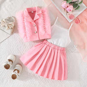 Conjunto de Verano 2026 para Niñas, Chaleco con Cuentas y Plumas de Color Sólido, Falda Plisada, Conjunto de Tres Piezas Dulce y Vibrante - Product Image 5
