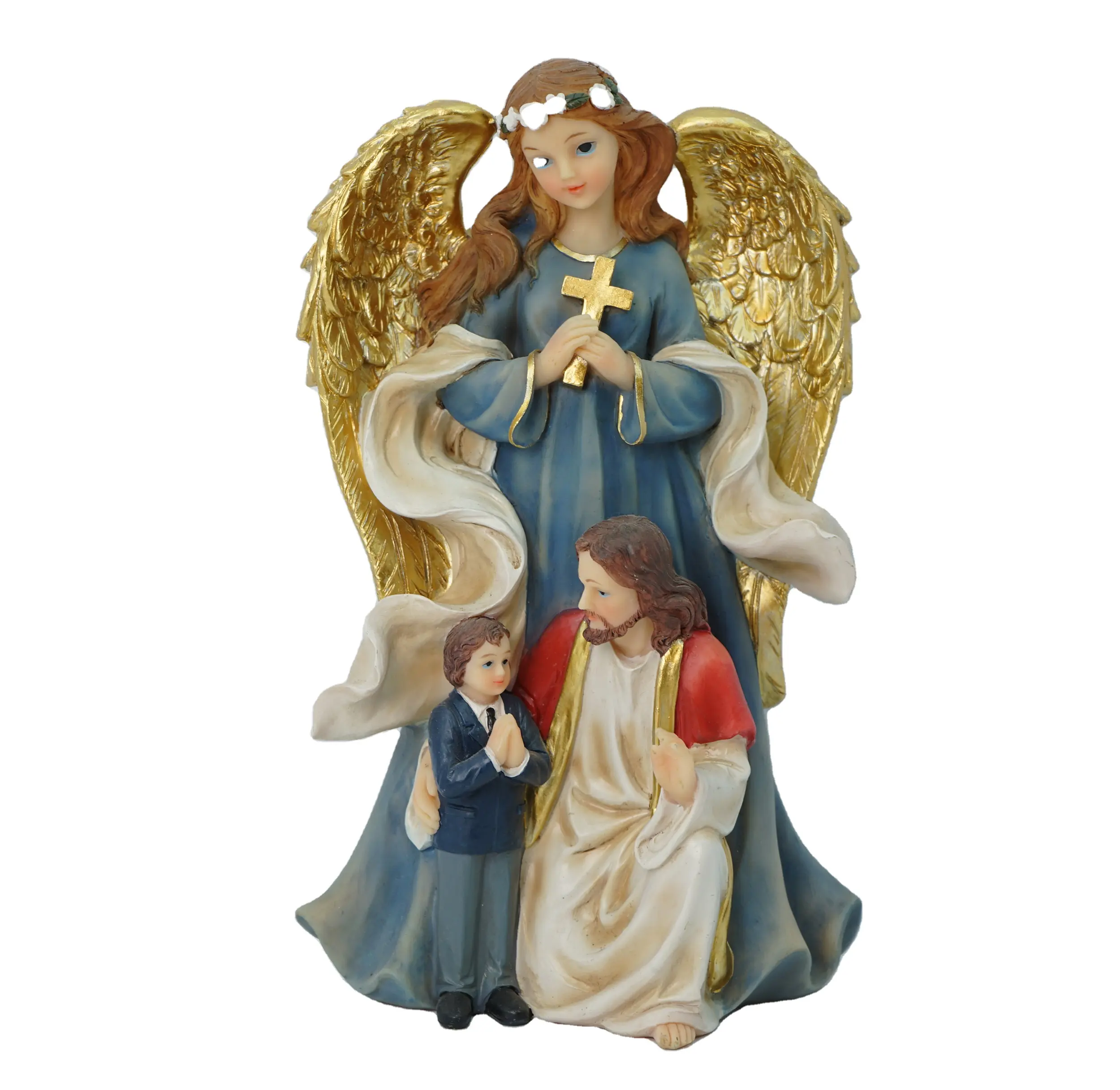Top Grace Blue Grain Holy Family & Guardian Angel Open Arms décoration religieux cadeau Sculpture en résine Durable de haute qualité