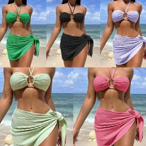 Traje de Baño Bikini Sexy de 3 Piezas para Mujer, Top Halter de Color Sólido con Falda de Malla - Product Image 2