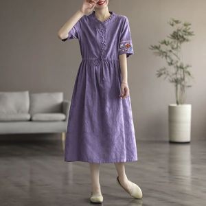 Washed Jacquard Cotton Mid Length <b>Dress</b> With Embroidery V Neck A Line <b>Elastic</b> Waist For Women Daily Wear Short Sleeve Orange - Product Image 2