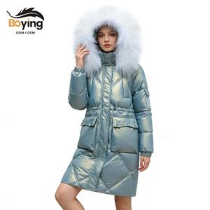 معطف شتوي طويل للنساء من بويينغ، معطف دافئ مبطن بياقة فرو صناعي لامعة، معطف نسائي على الطراز الكوري ODM - Product Image 1