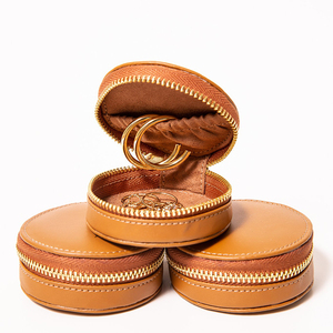 Round zipper jewelry box organizer mirrored cowhide leather jewelry case