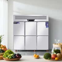 Réfrigérateur congélateur vertical commercial à six portes en acier inoxydable pour fruits de mer congelés et viande fraîche pour la cuisine de supermarché