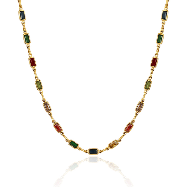 New Arrival Dainty Multi Color Gemstone Layered Necklace Waterproof Jewelry Rectangle Colorful Cubic Zircon Link Chain Necklace