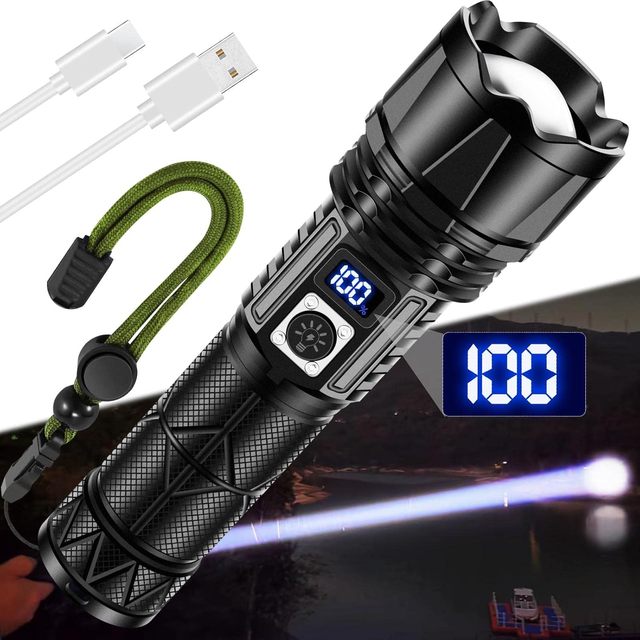 Rechargeable Ultra-bright Flashlight for Digital Power Display and Telescopic Zoom Suitable for Camping and Outdoor Activities