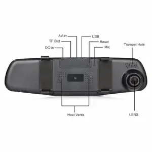 Podofo 도매 자동차 블랙 박스 풀 HD 1080P 듀얼 렌즈 대시 캠 4.3 "후면보기 미러 자동차 DVR 카메라 야간 투시경
