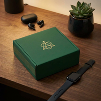 Boîte cadeau électronique vert émeraude avec couvercle rabattable, boîte en papier pour envoi postal, logo en feuille d'or imprimé, motif personnalisé, emballage pour montre connectée et écouteurs