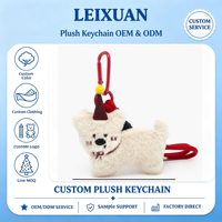 Porte-clés en peluche chiot crème mignon avec chapeau de fête, pendentif de sac avec sangle de poignet nouée rouge, cadeau pour sac à dos, porte-clés de voiture, logo personnalisé