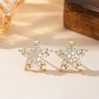 Anting Zirkon Pentagram Bunga Bintang Berlapis Emas 18K Tembaga Perhiasan Temperamen untuk Wanita