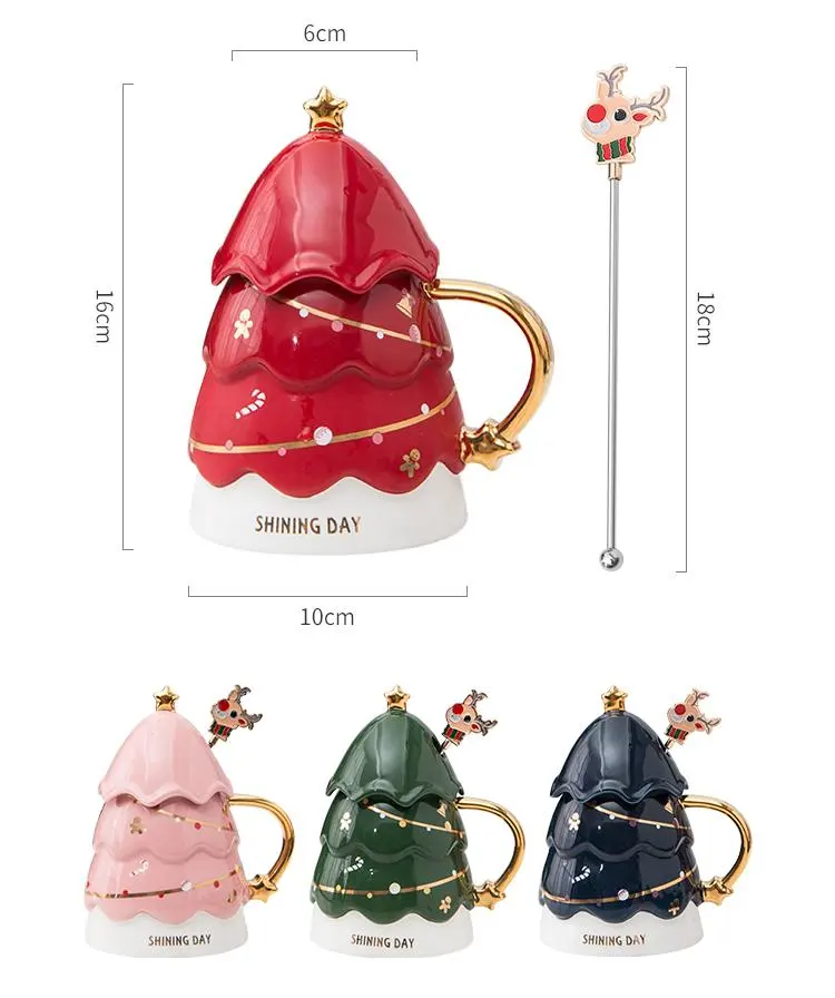 Madou Groothandel Hoge Kwaliteit 3D Leuke Kerstboom Vorm Water Beker Met Deksel Lepel Nieuwe Jaar Cadeau Voor Kinderen Keramische koffie Mok