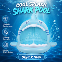 Piscine gonflable pour bébé avec tortue et requin, parasol, fontaine d'eau, balles océaniques et tapis de pulvérisation d'eau pour jeux aquatiques en extérieur