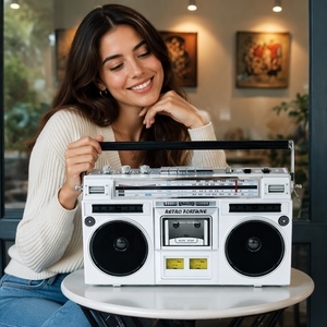 Radio portable rétro Fortune avec haut-parleurs stéréo au design moderne, FM/AM/SW, deux ampèremètres, lecteur/enregistreur de cassettes vintage - Product Image 1