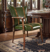 Fauteuil de salle à manger de luxe en cuir véritable vert, style occidental mi-siècle, en bois, pour restaurant, club, accent en cuir de vachette