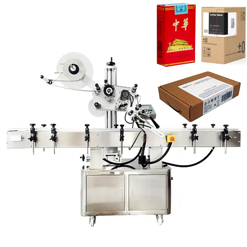 Automatic Flat Corrugated Cardboard Box Stack Feed Top Side Labelling Labeler Machine System