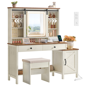 <span class=keywords><strong>VASAGLE</strong></span> Toeletta Stile Rustico con Specchio LED, Ante Scorrevoli, Presa di Corrente, Mobile Contenitore e Sgabello - Product Image 1