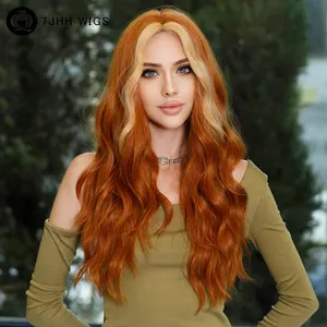 Skunk Water Wave Pruik Synthetische Krullend Pruik Voor Vrouwen Lange Diepe Golf Pruik Natuurlijk Lichtbruin Met Gember Oranje Highlights Haar