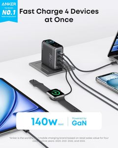 Anker 140W <span class=keywords><strong>USB</strong></span> <span class=keywords><strong>C</strong></span> Cargador para computadora portátil 4 puertos Multidispositivo Carga rápida Adaptador de corriente GaN avanzado Controles táctiles intuitivos compatibles - Product Image 2