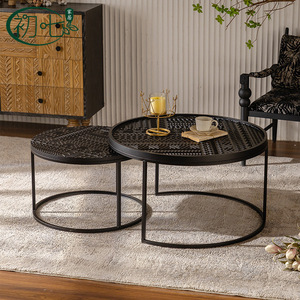 Juego de Mesa de Centro de Madera Maciza Nórdica Belga, Tallada, Redonda, Estilo Retro, Borde Artístico, para Uso Doméstico - Product Image 1