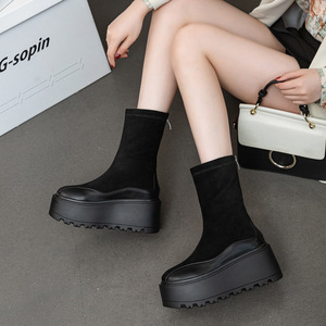 Bottes en <span class=keywords><strong>cuir</strong></span> vintage pour femmes, style simple et élégant, à semelle épaisse, rehaussantes, mi-<span class=keywords><strong>mollet</strong></span> - Product Image 3