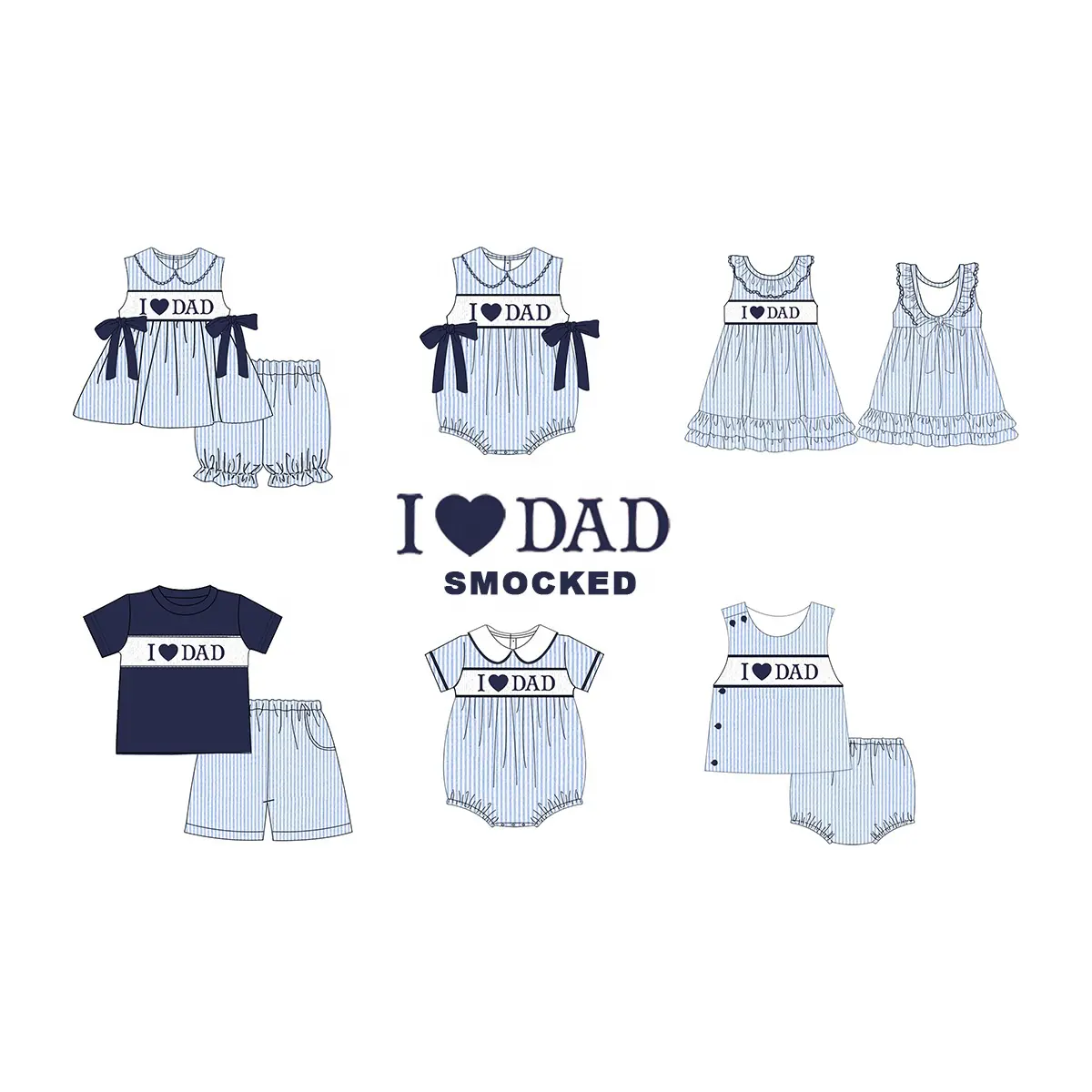 Puresun custom design wholesale smocked dress summer spring kids seersucker i love dad embroidery baby girl boutique clothing