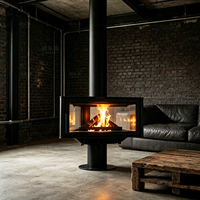 Cheminée autoportante noire à bois, moderne et luxueuse, avec foyer double vitrage pour villa, salon, hôtel