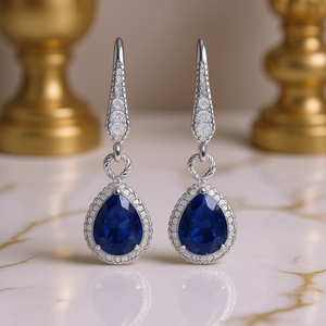 Orecchini Pendenti Blu E457 a Goccia d'Acqua con Incastonatura a Castone, Gioielli Classici da Sposa per Donna, Orecchini in Argento 925 con Cristalli - Product Image 2