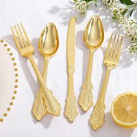 Ensemble de 180 couverts jetables en plastique doré, robustes, style vintage, gaufrés, pour 60 invités, pour mariage ou fête