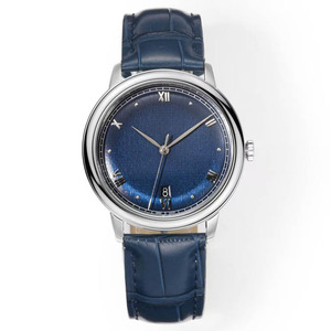Montre pour homme luxueuse, élégante, de qualité supérieure, cadran bleu, bracelet en cuir de 20 mm, trois aiguilles, saphir, bracelet rond - Product Image 1
