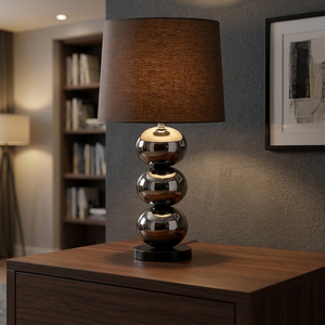 Contemporary Glass Table Lamp Brown Fabric Drum Shade E27 LED Bulb Base 3000K Warm White Light Bedroom <b>Decorative</b> <b>Lighting</b> - Product Image 3