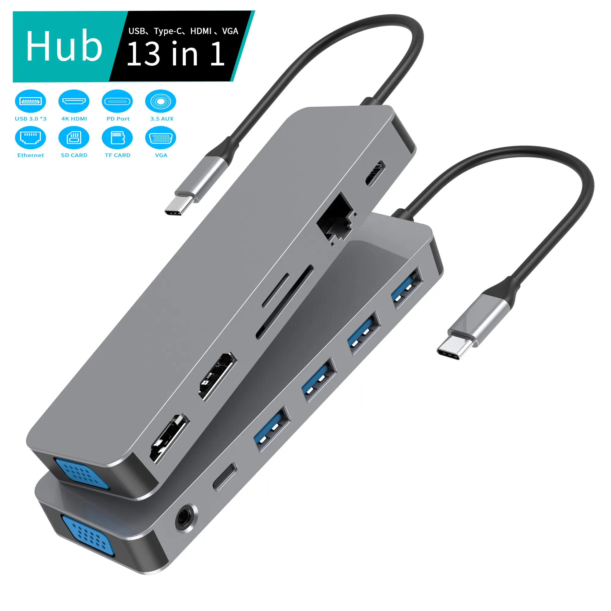 Portable 13 en 1 multifonction en aluminium USB C Hubs Station d'accueil Type C vers HDMI DP VGA PD SD TF USB3.0 pour ordinateur portable