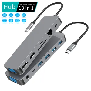 Estación de acoplamiento de concentradores USB C de aluminio multifunción portátil 13 en 1 Tipo C a HDMI DP VGA PD SD TF USB3.0 para ordenador portátil