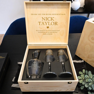 Copas de <span class=keywords><strong>Vino</strong></span> de Cristal Personalizadas con Logotipo y Decantador de <span class=keywords><strong>Vino</strong></span> con Posavasos en Caja de Regalo de Madera para Bodas - Product Image 1