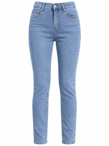 Jeans de Cintura Alta, Corte Recto y Ajustado, Desgastados, para Mujer, en Mezclilla Lavada, Casuales, Largos, de Algodón Azul, Estilo Primavera-Verano - Product Image 1
